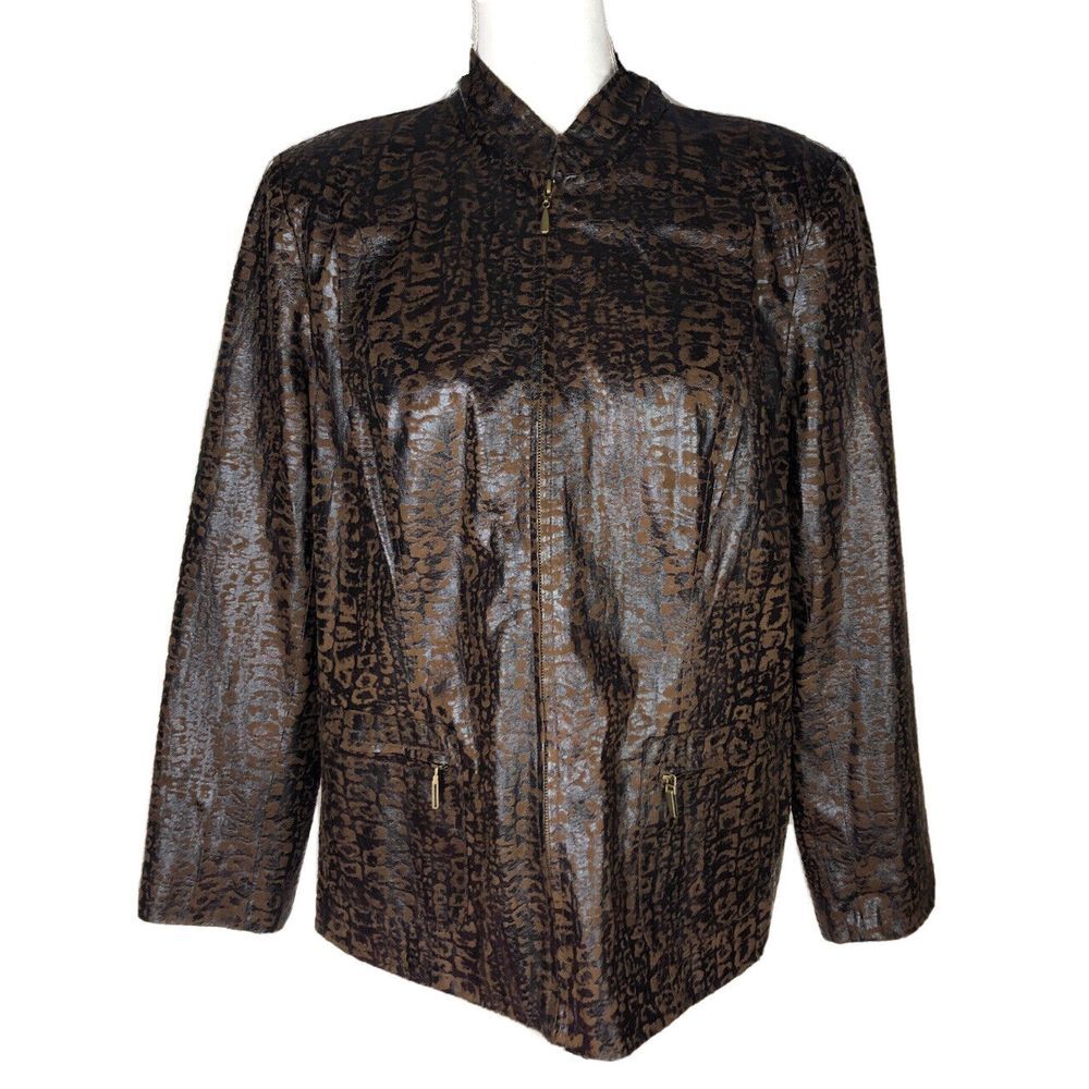 Kim Rogers Brown Bronze Animal Print Zip Jacket Women Size L